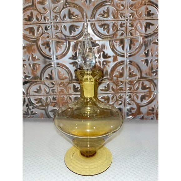 Vintage Handblown Amber Vanity Perfume Bottle with Clear Teardrop Shaped Stopper - Picture 1 of 3